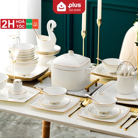 🔴OUTLET | Bộ chén bát sứ WHITE LUXURY viền vàng cao cấp nhập khẩu