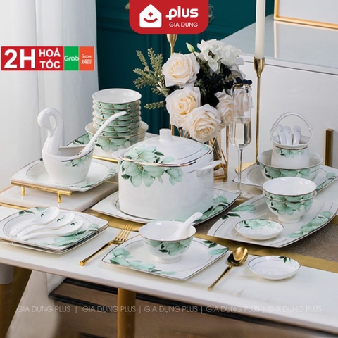🔴OUTLET | Bộ chén bát sứ BÁCH HỢP (Lily Flowers) cao cấp nhập khẩu - Set 10 người ăn gồm chén, bát, đĩa, tô, nồi, muỗng,