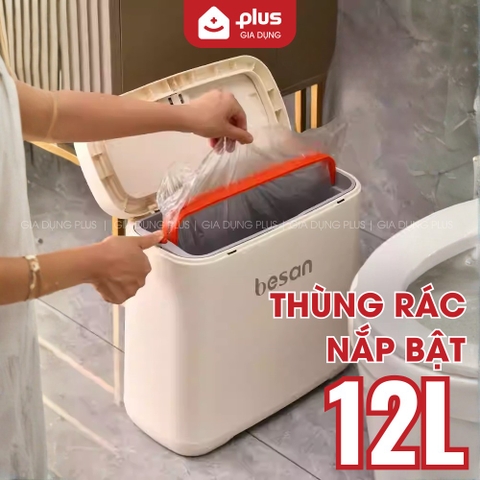 Thùng rác 12 lít nắp bật đa năng, có ruột & tay xách tiện lợi, thùng rác thông minh hiện đại Beisan