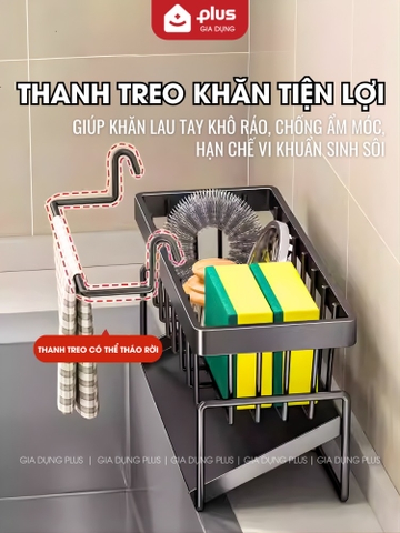 Kệ Đựng Đồ Rửa Chén Bát Có Thanh Treo Khăn, Khay Hứng Nước Đa Năng, Thép Carbon Không Gỉ Nhà Bếp