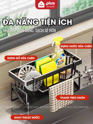 Kệ Đựng Đồ Rửa Chén Bát Có Thanh Treo Khăn, Khay Hứng Nước Đa Năng, Thép Carbon Không Gỉ Nhà Bếp