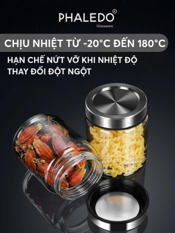 Hũ Thủy Tinh Borosilicate PHALEDO PL-0377 Nắp Inox 304 Kín Khí, Hũ Đựng Thực Phẩm Gia Vị Chống Ẩm Mốc
