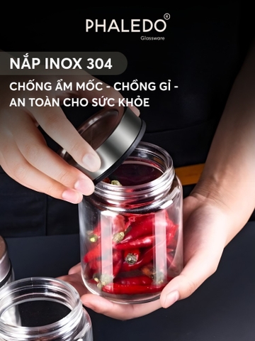 Hũ Thủy Tinh Borosilicate PHALEDO PL-0377 Nắp Inox 304 Kín Khí, Hũ Đựng Thực Phẩm Gia Vị Chống Ẩm Mốc