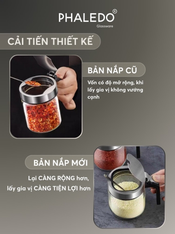 Hũ đựng gia vị thuỷ tinh borosilicate đa năng, nắp đậy inox 304 thông minh - Tặng kèm muỗng Phaledo P-0328