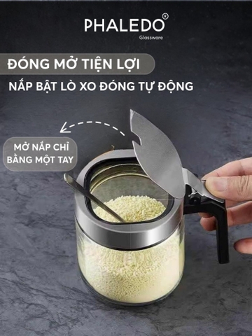 Hũ đựng gia vị thuỷ tinh borosilicate đa năng, nắp đậy inox 304 thông minh - Tặng kèm muỗng Phaledo P-0328