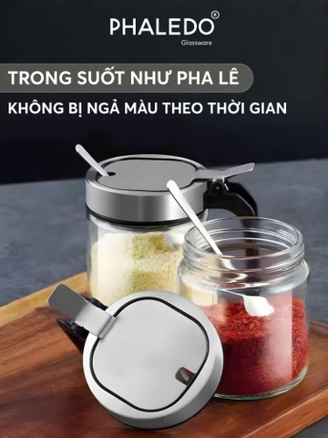 Hũ đựng gia vị thuỷ tinh borosilicate đa năng, nắp đậy inox 304 thông minh - Tặng kèm muỗng Phaledo P-0328