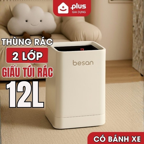 Thùng rác 2 lớp thông minh, dung tích 12L, có bánh xe ẩn, thùng rác nhựa PP cao cấp BESAN