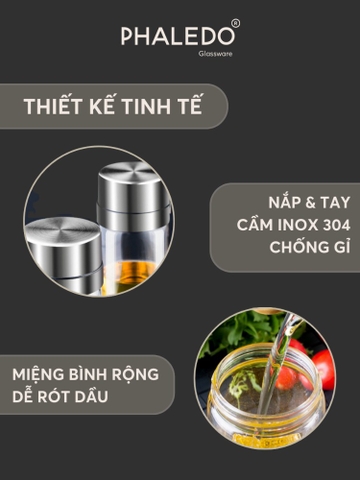 Chai đựng dầu ăn, nước tương nắp inox 304 đậy kín, dùng 1 tay tiện lợi cho nhà bếp Phaledo (PL-0335)