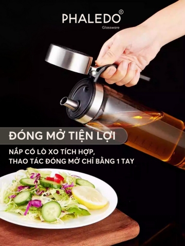 Chai đựng dầu ăn, nước tương nắp inox 304 đậy kín, dùng 1 tay tiện lợi cho nhà bếp Phaledo (PL-0335)
