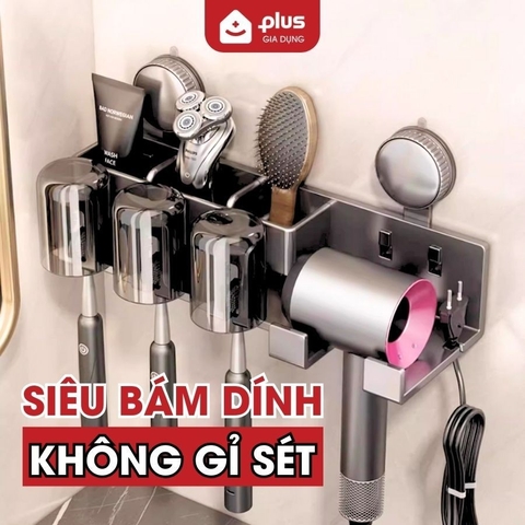 Kệ Đựng Bàn Chải Đánh Răng Kèm Cốc Không Khoan Đục, Kệ Nhà Tắm Để Máy Sấy Tóc Cao Cấp Không Gỉ Sét