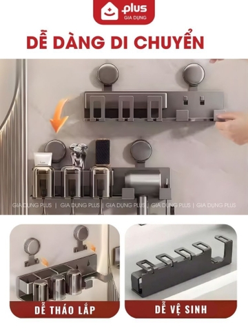Kệ Đựng Bàn Chải Đánh Răng Kèm Cốc Không Khoan Đục, Kệ Nhà Tắm Để Máy Sấy Tóc Cao Cấp Không Gỉ Sét