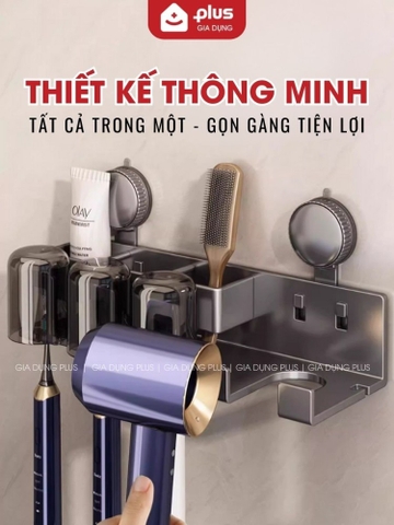 Kệ Đựng Bàn Chải Đánh Răng Kèm Cốc Không Khoan Đục, Kệ Nhà Tắm Để Máy Sấy Tóc Cao Cấp Không Gỉ Sét