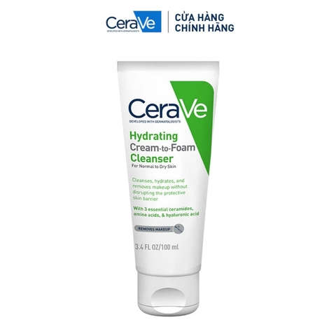 Sữa Rửa Mặt Cerave 2 In 1 Dạng Kem Tạo Bọt Cho Da Thường, Khô Hydrating Cream-to-Foam Cleanser 100ml