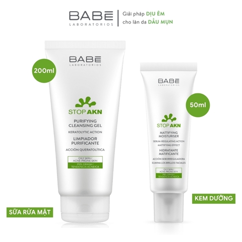 [Combo] Sữa Rửa Mặt Cho Da Dầu Mụn Babe Stop AKN Purifying Cleansing Gel - 200ml + Kem Dưỡng Ẩm Cho Da Dầu Mụn Babe Stop AKN Mattifying Moisturiser - 50ml