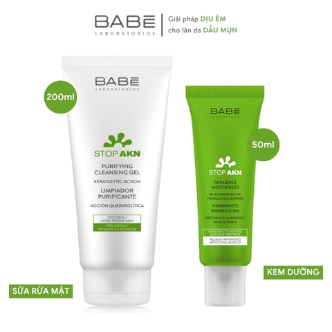 [Combo] Sữa Rửa Mặt Cho Da Dầu Mụn Babe Stop AKN Purifying Cleansing Gel - 200ml + Kem Dưỡng Ẩm Phục Hồi Cho Da Mụn Babe Stop AKN Repairing Moisturiser 50ml