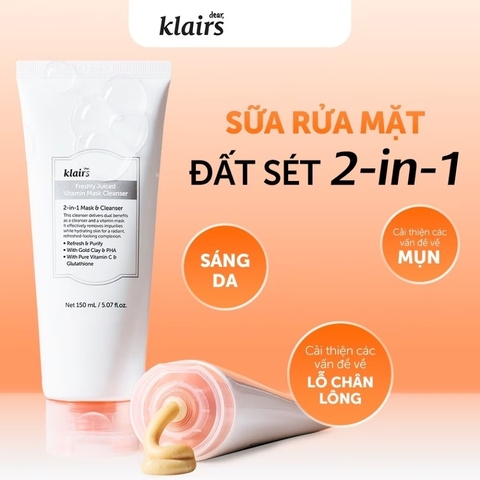 Sữa Rửa Mặt Klairs Dưỡng Sáng, Cải Thiện Lỗ Chân Lông Freshly Juiced Vitamin Mask Cleanser 150ml