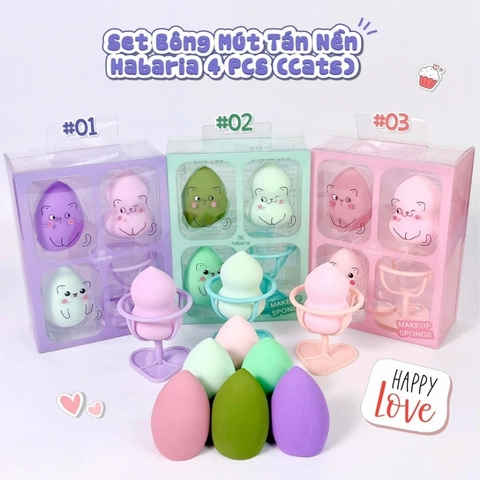 Set 3 Mút Trang Điểm Habaria Cats Fall In Love (Kèm Giá Đỡ)
