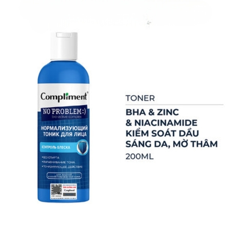 Nước Hoa Hồng Compliment Kiềm Dầu Sáng Da No Problem BHA-Zinc-Niacinamide 200ml