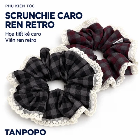 Dây Buộc Tóc Scrunchie Kẻ Caro Ren Retro