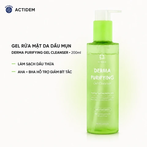 Gel Rửa Mặt Cho Da Dầu Mụn Actidem Derma Purifying Gel Cleanser 200ml (Mẫu Mới)