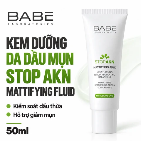 Kem Dưỡng Ẩm Cho Da Dầu Mụn Babe Stop AKN Mattifying Fluid 50ml