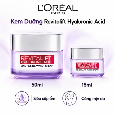 Kem Dưỡng Da L'Oreal Paris Revitalift Hyaluronic Acid Line Filling Water Cream Siêu Cấp Ẩm, Căng Mịn Da