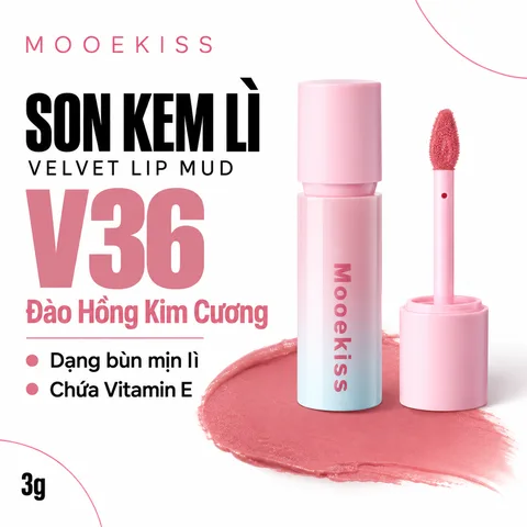 Son Kem Lì Mooekiss Velvet Lip Mud 3g Dạng Bùn Mịn Lì - V36 Đào Hồng Kim Cương