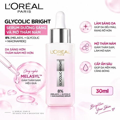 Serum Dưỡng Sáng Và Mờ Thâm Nám L'Oreal Glycolic Bright 8% [Melasyl+Glycolic+Niacinamide] 30ml (Mẫu Mới)