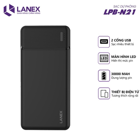 Pin dự phòng 30.000mAh LANEX LPB-N21 Black/White Chính hãng (2 cổng USB 2.1A, LED)