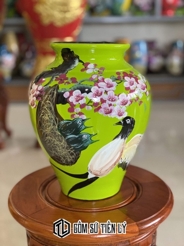 Bình gốm 3d màu xanh hoa đào chim-BGD76