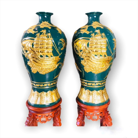 Bình trang trí dát vàng xanh ngọc bích vẽ thuyền-BTV05