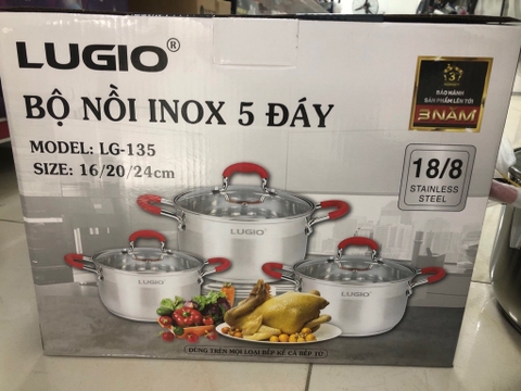 Bộ nồi inox 3 món đáy 5 lớp size 16-20-24cm LG-135