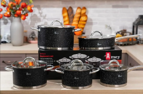 BỘ NỒI CHẢO TỪ 9 ĐÁY VÂN ĐÁ CAO CẤP 5 MÓN AMEY AM990