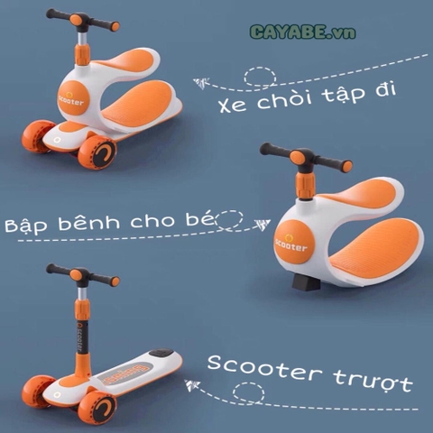 Xe Scooter, bập bênh, xe chòi chân 3 trong 1 đa năng CAYABE màu cam