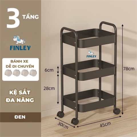 Kệ sắt 3 tầng trolley FINLEY Hoko đa năng, kệ xe đẩy spa, có tay đẩy, bánh xe có khóa (FL-0157-3T)