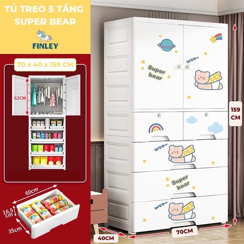 Tủ nhựa cho bé 5 tầng FINLEY siêu nhân gấu SUPER BEAR (Size lớn ngang 70 cm) treo quần áo, đựng đồ chơi, đồ dùng cho gia đình (FL-0073-K)