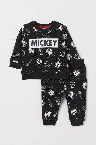Bộ đồ thun bé trai chuột Mickey dài tay màu jogger đen