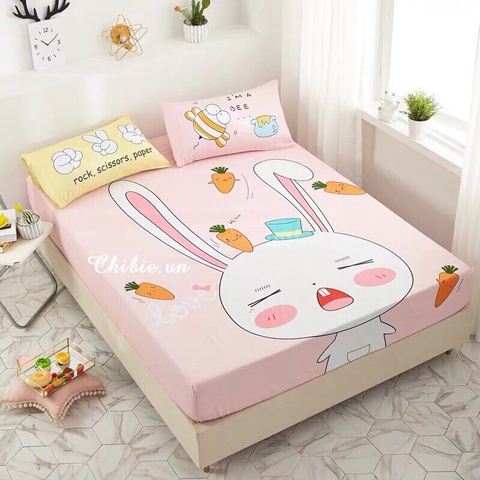 Bộ ga gối cotton 5D hình thỏ trắng màu hồng 100% cotton (set 3 món)