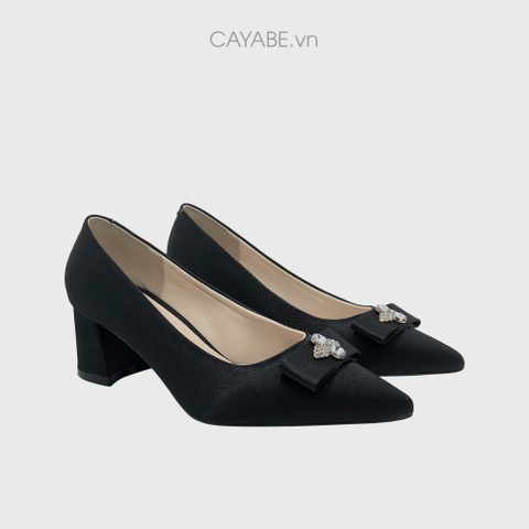 Giày cao gót nữ CAYABE màu đen đính nơ gót vuông mũi nhọn 5P0003