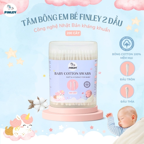 Tăm bông vệ sinh cho bé thân giấy FINLEY, 2 đầu tròn và thìa - Hộp 200 cây (FL-0162-F)