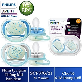 Hộp 2 ty ngậm đôi thông khí Philips Avent dạ quang phát sáng ban đêm Ultra Air thông khí cho bé (6-18 tháng) in hoạt hình dễ thương màu xanh/ hồng