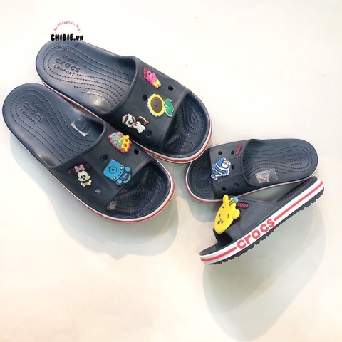 Dép cá sấu Crocs trẻ em Baya quai ngang màu xanh đen - tặng 6 nút sticker