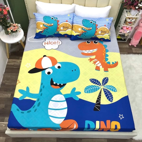 Bộ ga gối cotton 5D hình khủng long tắm biển 100% cotton (set 3 món)