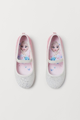Giày búp bê bé gái công chúa Elsa nhũ trắng hồng
