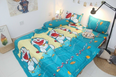 Set ga gối cho bé 3 món CAYABE mèo Doraemon vải cotton 100% thoáng mát màu xanh vàng (ga giường + 2 vỏ gối nằm +1 vỏ gối ôm)