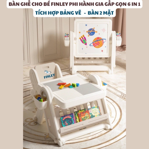 Bộ bàn ghế nhựa - bảng vẽ cho bé 2 mặt FINLEY phi hành gia 5 in 1 cho bé ngồi học, vẽ, ăn và chơi Lego màu trắng - FL-0044