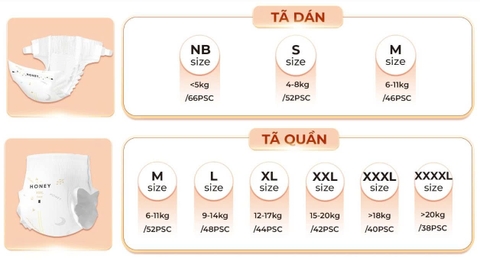 Tã bỉm quần cho bé HONEY PREMIUM đủ size M-L-XL-2XL-3XL-4XL