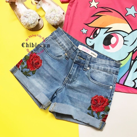 Quần Short jean thêu hoa hồng bé gái