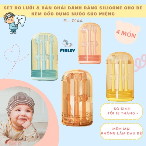 Set 4 món rơ lưỡi và bàn chải đánh răng silicone cho bé FINLEY, mềm mại và tiệt trùng được (FL-0144)