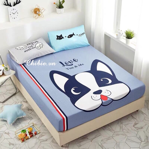 Bộ ga giường và gối hình chó PUG màu xanh xám